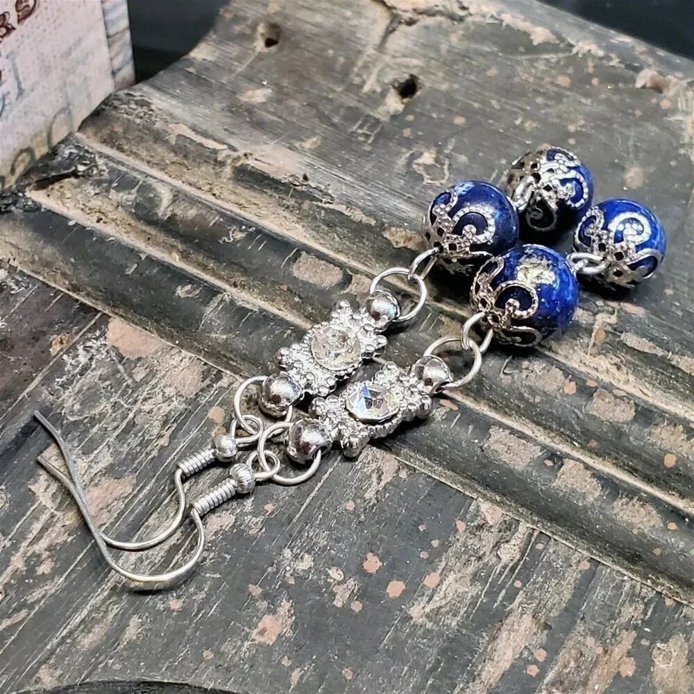 Handcrafted Lapis Lazuli Gemstone Lacy Silver Clear Crystal Dangle Earrings